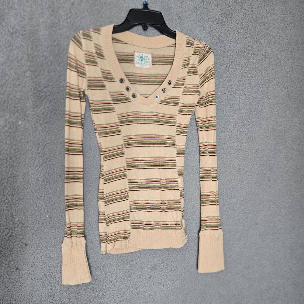Free People Long Sleeve Knit Top Womens XS Multicolor Striped V-Neck Coton